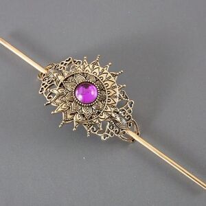 Bohemian Hair Accessory Gold Tone Purple Accent Stone, Engraved Details